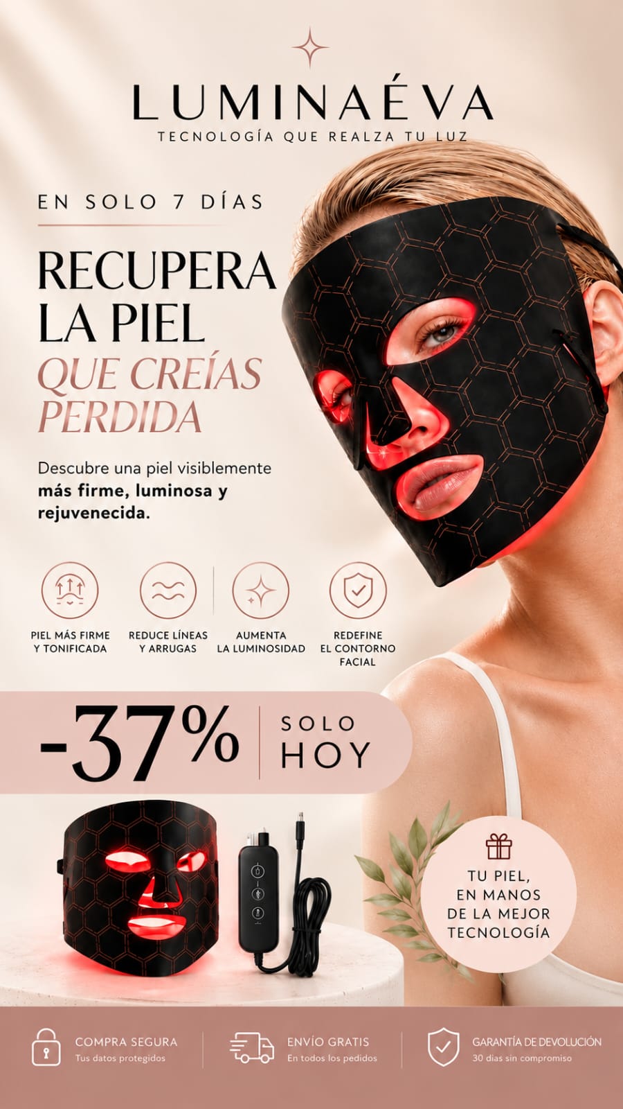LUMINÉVA™ Máscara LED Facial – Tu piel 10 años más joven desde la primera semana