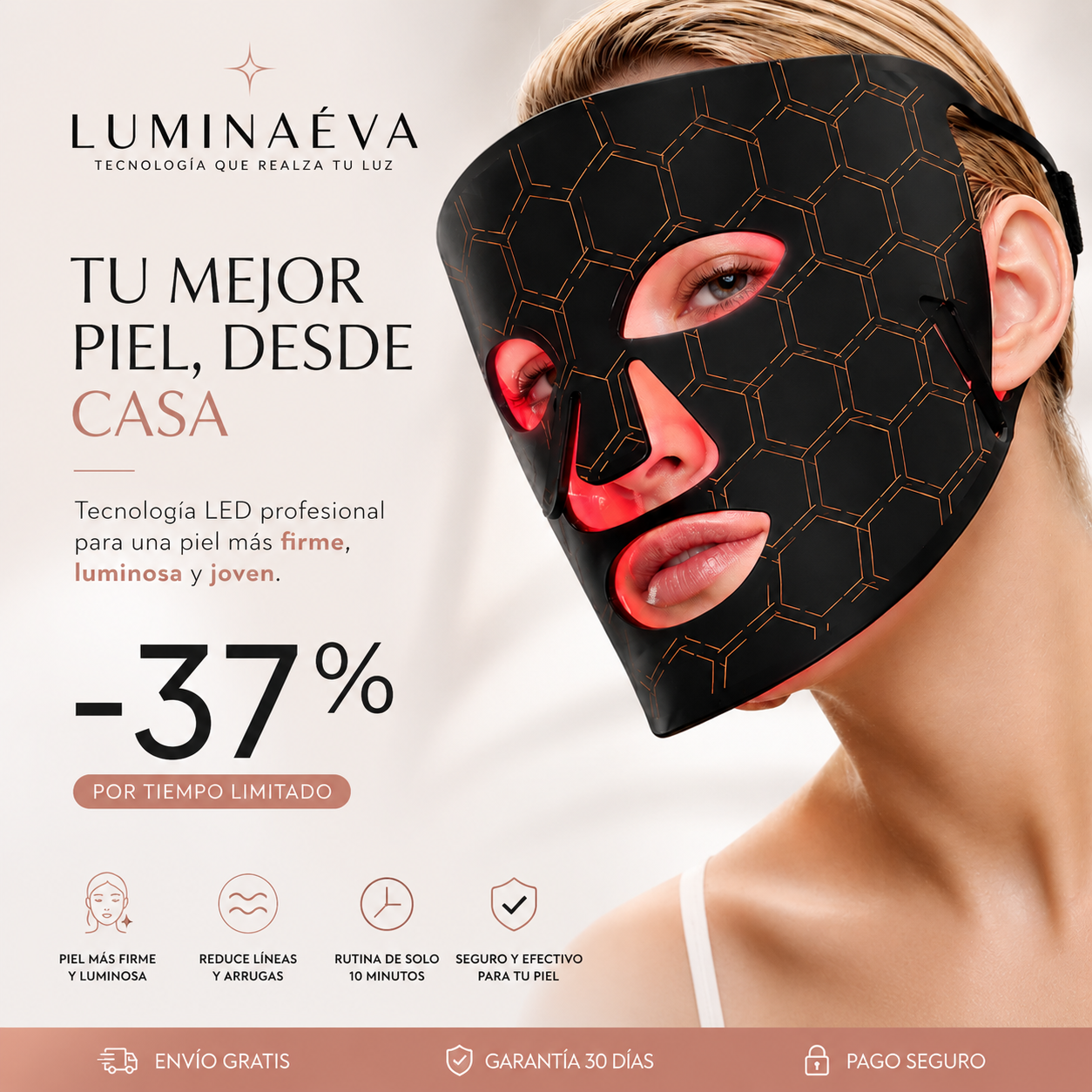 LUMINÉVA™ Máscara LED Facial – Tu piel 10 años más joven desde la primera semana